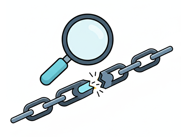 Broken chain with magnifying glass above