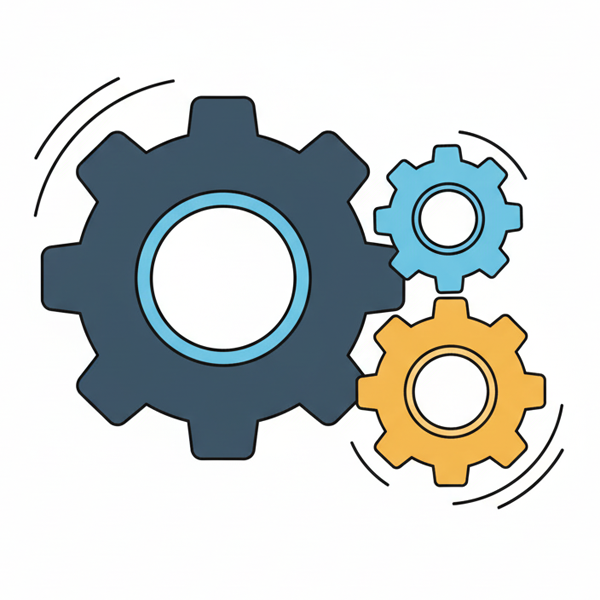 Three interlocking cogs of different sizes