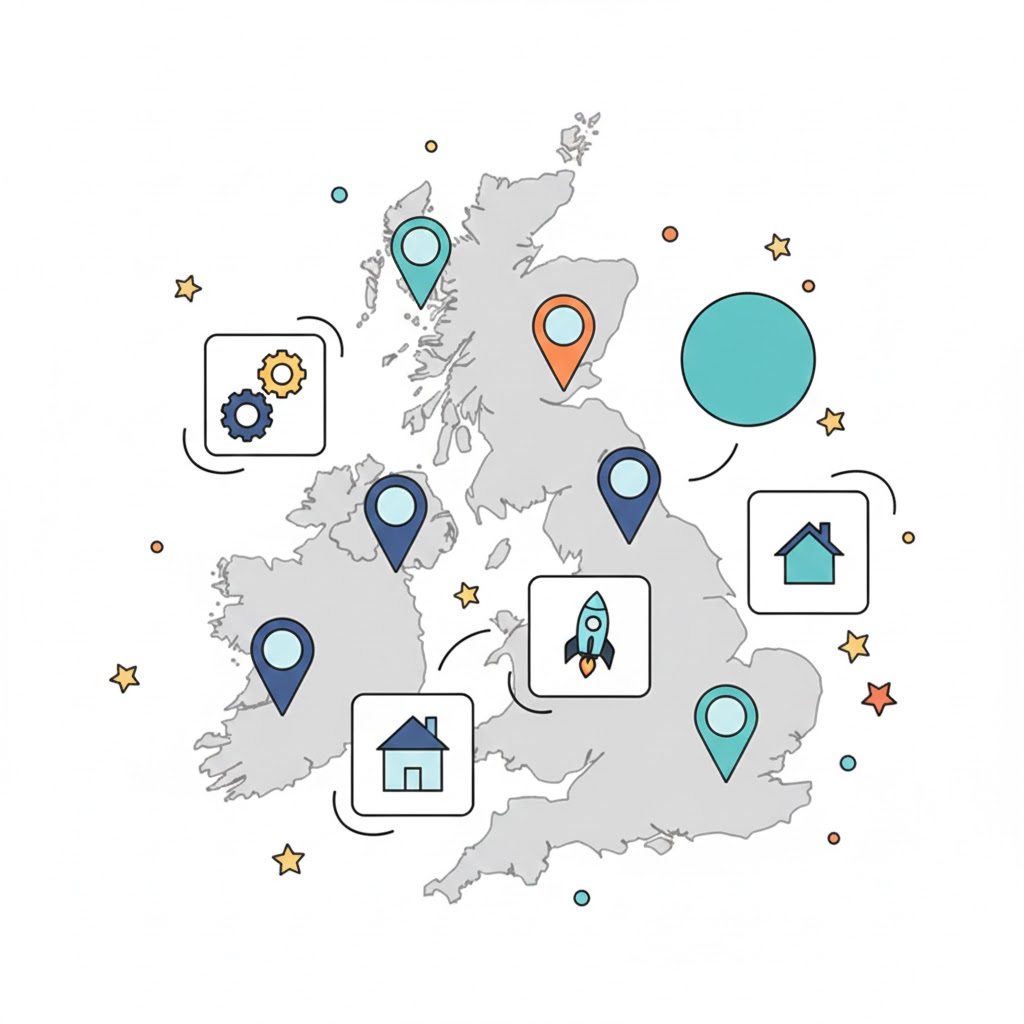 Image showing many small geospatial products on a map of the UK