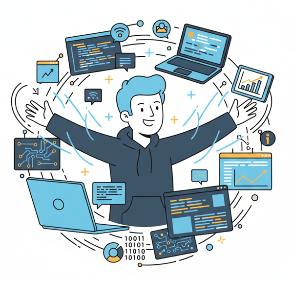 A person surrounded by technology