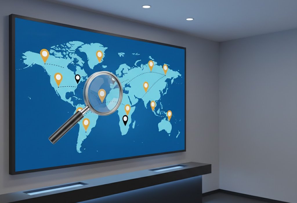 Graphic showing a map with map pins on it