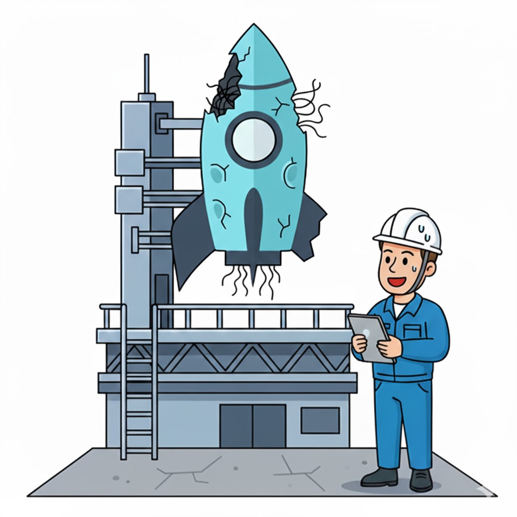 A broken rocket on a launch pad and a nervous engineer looking at it