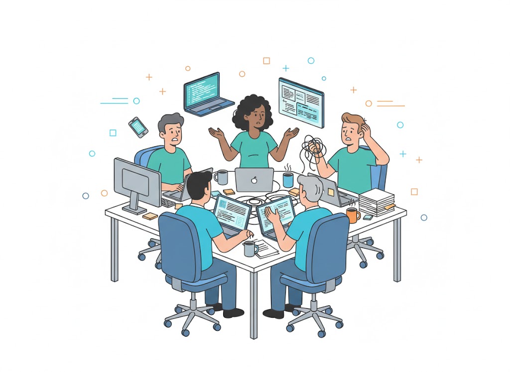 A group of confused new engineers trying to find things