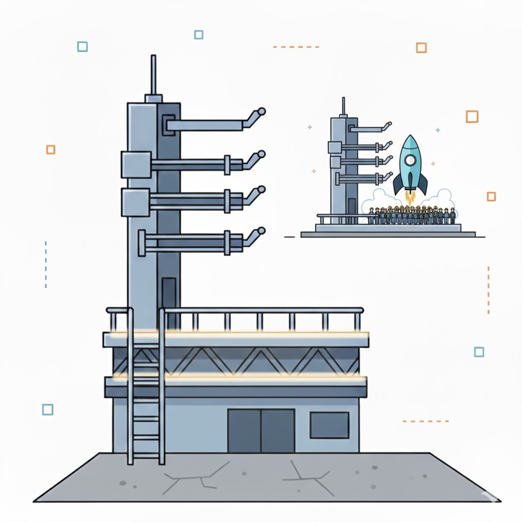 An empty launch pad with another one in the distance with a rocket and lots of people