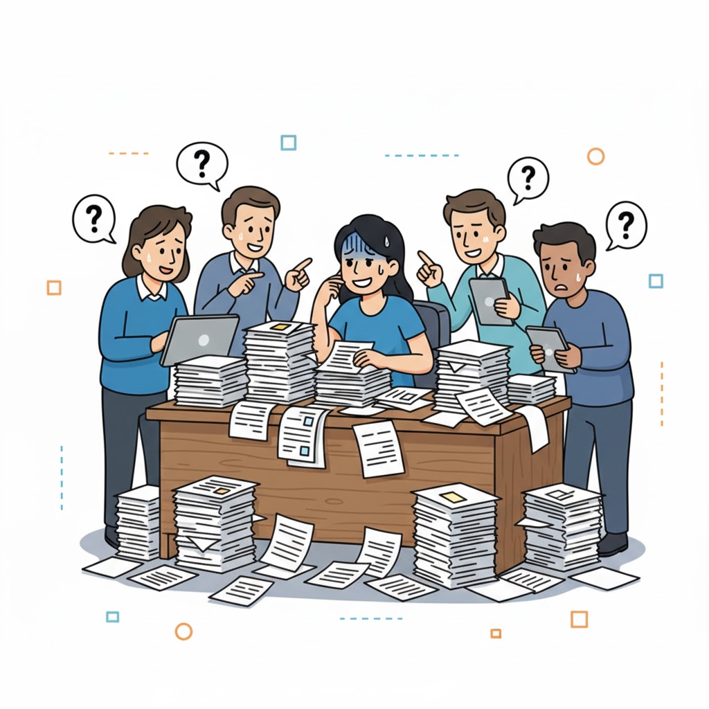 A product manager sitting at a desk with a crowd of people asking her requirements questions