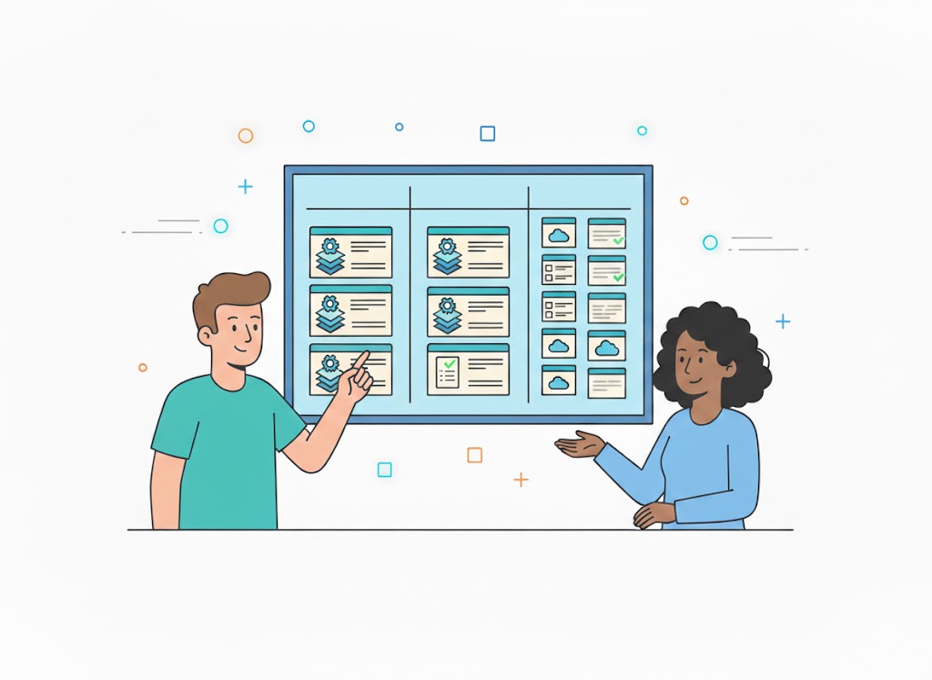 People standing in front of a kanban board with to do, in progress and completed columns