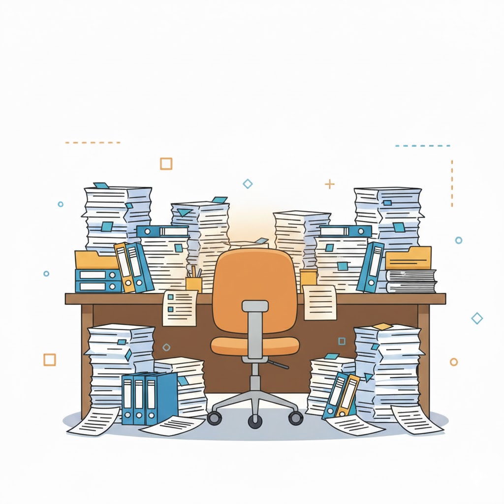 An empty chair at a desk with a lot of paperwork waiting to be done