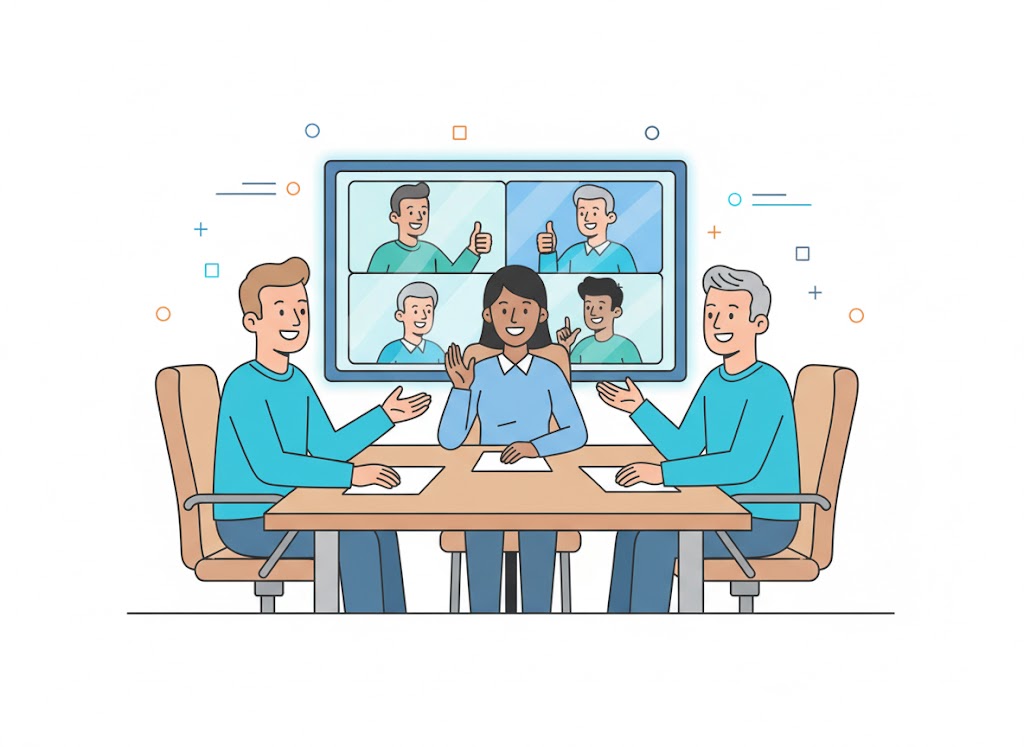 People sitting at a table and talking to others in a video call on the wall