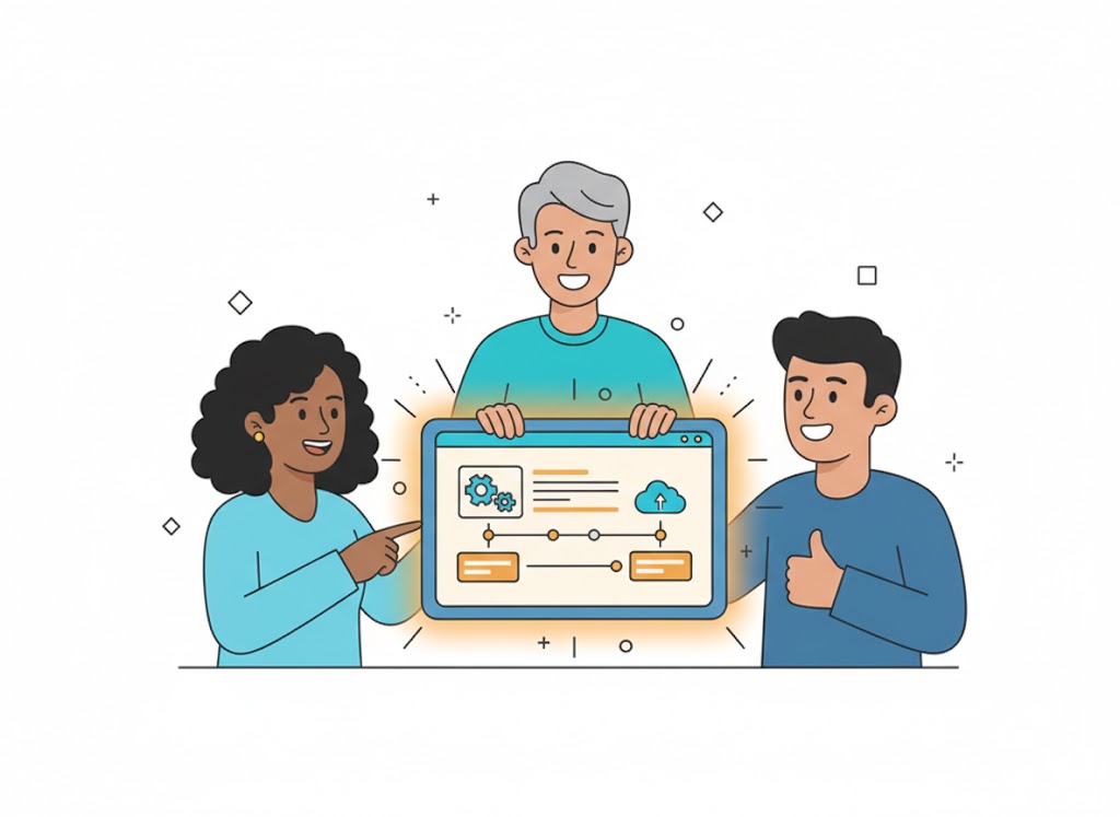 People looking at plan on screen and giving thumbs up