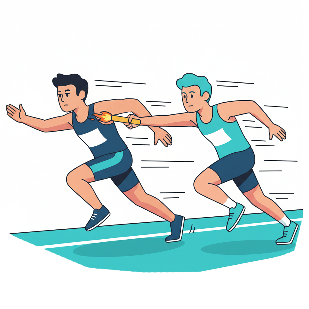 Relay athletes passing the baton during a race