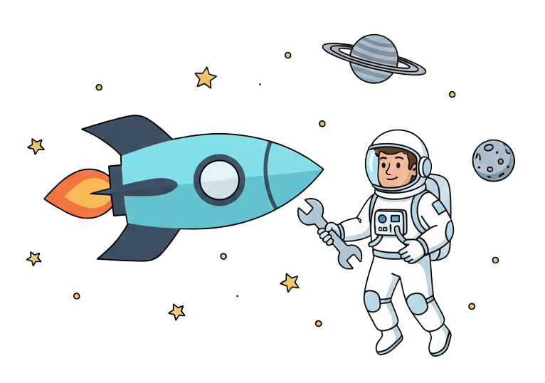 A rocket in flight with an engineer in attendance